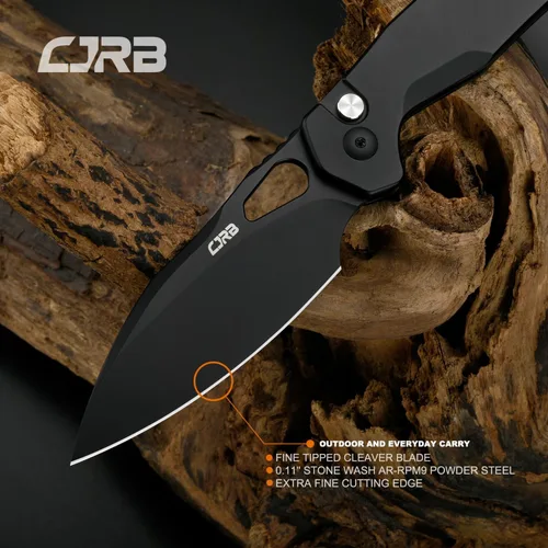 Vista 2 de CJRB Cuchillo de bolsillo Frack, hoja de acero AR-RPM9 de 3.9 pulgadas, con revestimiento de PVD, mango de acero EDC, cuchillo de bloqueo de botón
