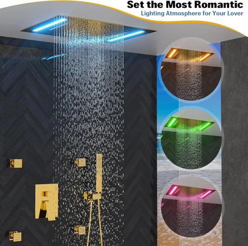 Vista 2 de ENGA Sistema de ducha dorado brillante con chorros corporales, 2 en 1 funciones de montaje en techo, cabezal de ducha LED de 14 x 20 pulgadas con 4