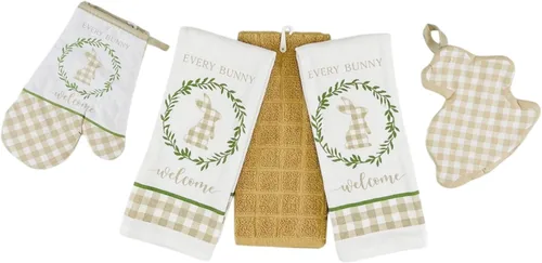 Vista 12 de Serafina Home Easter Kitchen Towel Set with Pot Holders, Spring Colored Eggs Design, 100% Cotton, White Orange Green, 5 Piece Set