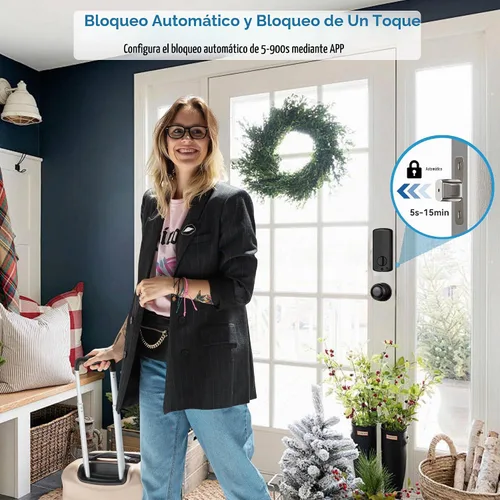 Vista 5 de Cerraduras inteligentes con huellas dactilares para puerta delantera con mango, control por aplicación, cerradura de puerta de entrada sin llave