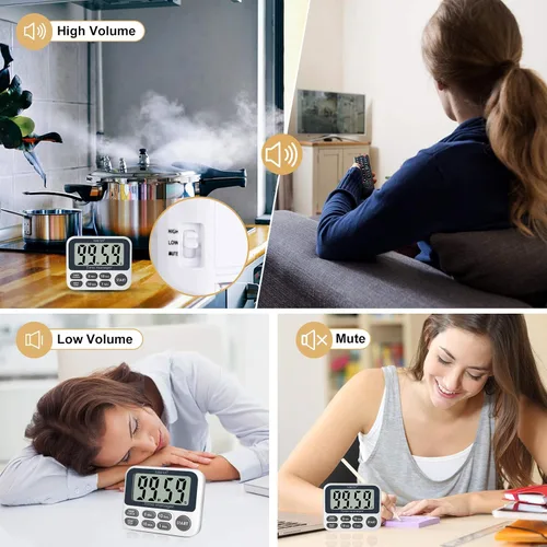 Vista 4 de XREXS Temporizador digital de cocina magnético, temporizador de cuenta regresiva con pantalla LCD grande, volumen ajustable, alarma fuerte y imán