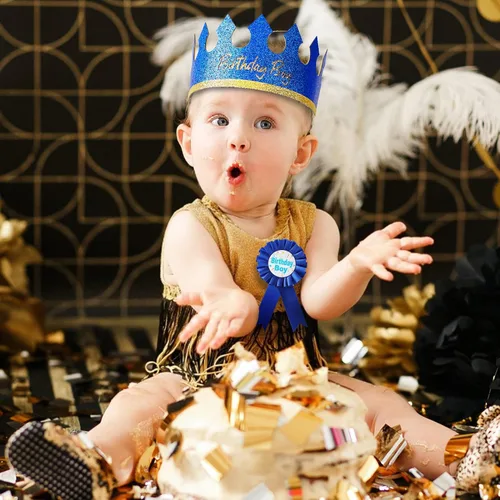 Vista 6 de Nuolich Sombrero de corona de rey de cumpleaños, banda y botón para decoración de fiesta, accesorios de vestir