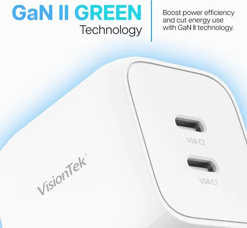 Vista 5 de VisionTek GaN II - Cargador rápido de pared de 45 W, puertos USBC duales, 2 veces USB-C, compatible con MacBook Air, iPad, iPhone, Galaxy, Steam