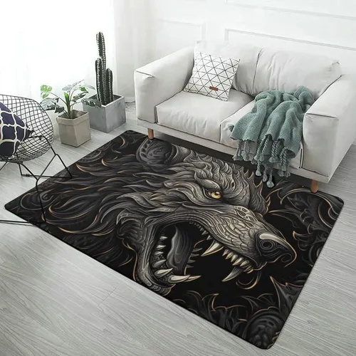 Vista 16 de Alfombra de lobo Fenrir de la mitología nórdica, decoración del hogar, dormitorio, sala de estar, alfombra suave y ligera de franela absorbente