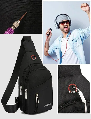 Vista 6 de Yerchic Bolsa pequeña para hombre bandolera de una correa casual con agujero para auriculares para viajes deportes al aire libre Negro S Tendencia