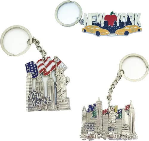 Vista 4 de Paquete de 12 llaveros de metal de plata NYC Souvenir Collection New York incluye Empire State Torre de la Libertad bandera de Estados Unidos NY Cab