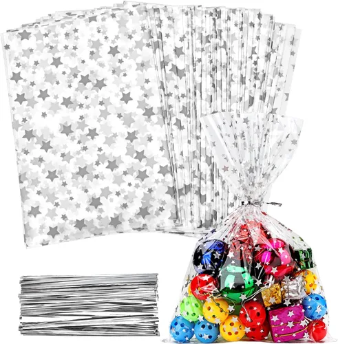 Vista 15 de 100 bolsas de celofán, bolsas de celofán transparente impresas con estrellas doradas de 3 x 5 pulgadas, 100 lazos giratorios, para envolver regalos