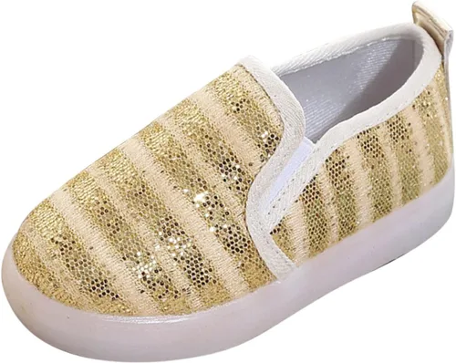 Vista 4 de POLG Mocasines con lentejuelas iluminadas para niña, con luces LED, zapatos de lona casuales planos (bebéniño pequeño) (dorado, 5.5 años)