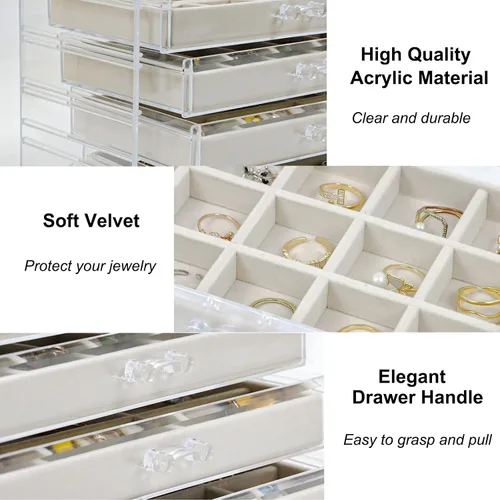 Vista 4 de Togous Organizador de aretes con 4 cajones, organizador de joyas de acrílico transparente para aretes, anillos, pulseras, bandejas de terciopelo