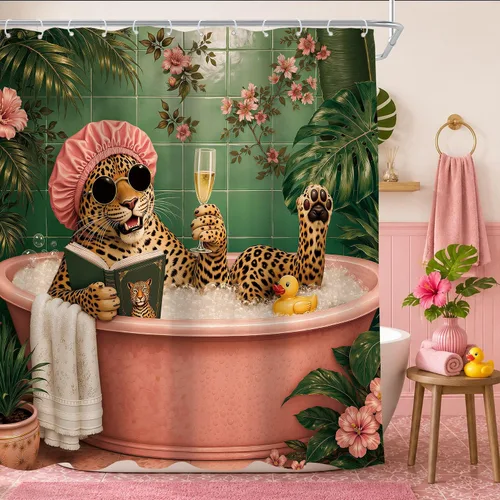 Vista 12 de Juego de cortina de ducha de baño con diseño de leopardo y guepardo rosa A-01pink leopardo verde