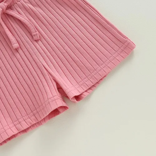 Vista 7 de Traje de verano para niña pequeña, de manga corta, acanalado, overol liso, pantalones cortos, ropa para recién nacidos