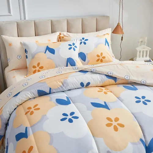 Vista 4 de UOZZI BEDDING Juego de edredón reversible de 6 piezas para niños de microfibra suave con flores grises y naranjas
