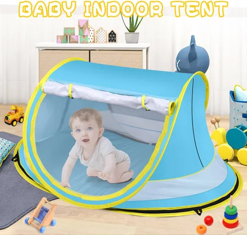 Vista 5 de Baby Beach Tent,Large Pop Up Beach Tent Sun Shade for Beach,Portable Baby Travel Tent with Mosquito Net,Indoor Baby Play Tent,UPF 50+ UV Protection