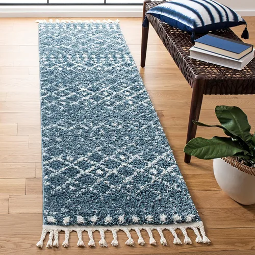 Vista 24 de SAFAVIEH Berber Fringe Shag Collection - Alfombra decorativa de 2 pies 2 pulgadas x 4 pies, color crema y azul, diseño, no desprende pelusa