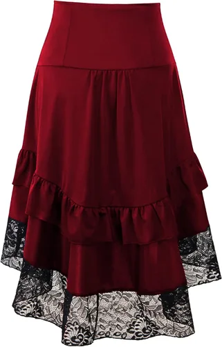 Vista 2 de SEAUR - Falda gótica steampunk plisada para mujer, falda victoriana vintage, cintura alta, encaje con volantes, falda de pastel de fiesta