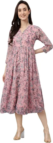 Vista 3 de Janasya Vestido acampanado con estampado floral de lúrex de gasa rosa para mujer