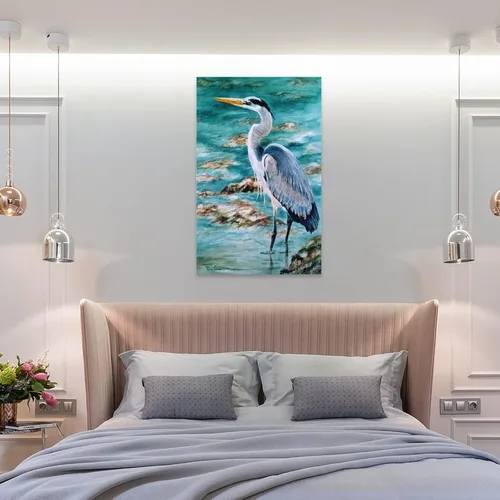 Vista 8 de Lienzo de arte de aves marinas, pintura al óleo, pintura al óleo, arte de pared de garza azul, decoración de habitación, estética, animal, pósteres