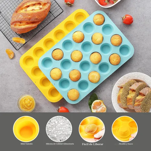 Vista 3 de VRUIFA 2 piezas de molde para magdalenas mini de silicona, molde antiadherente para mini magdalenas de 24 tazas para hornear, libre de BPA y apto