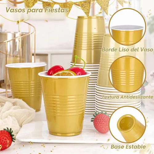 Vista 3 de WELLIFE 50 vasos de plástico dorados de 12 onzas, tazas de fiesta A-Oro