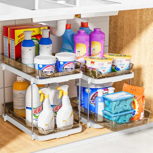 Vista 7 de Delamu Organizadores y Almacenamiento Multiusos de 2 Niveles para Debajo del Fregadero del Baño, Organización Apilable de Despensa de Cocina