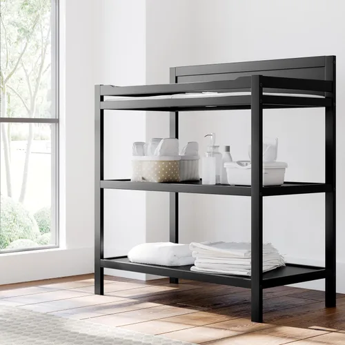 Vista 2 de Storkcraft Cambiador Alpine (negro) – Cambiador de guardería con certificado GREENGUARD Gold, incluye cambiador resistente al agua, 2 estantes
