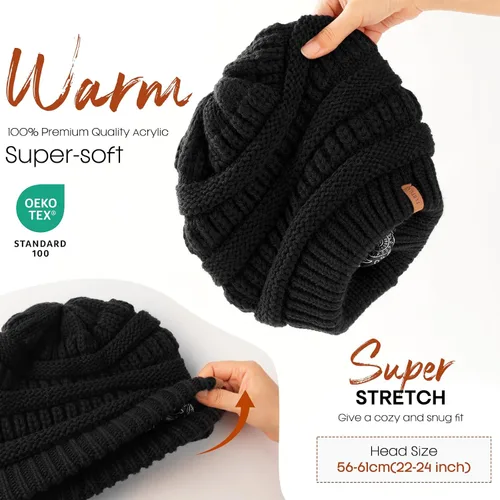 Vista 65 de FURTALK Gorro de invierno para mujer, con forro de satén, tejido trenzado, grueso, holgado, gorro cálido
