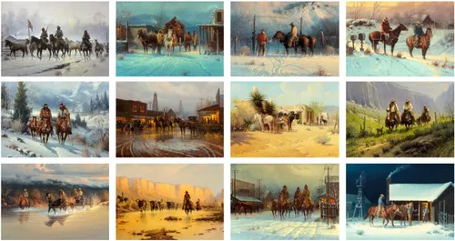 Vista 2 de Calendario de pared 2026 [12 páginas de 8 x 12 pulgadas] Vaqueros y pioneros en el salvaje oeste Vintage Magazine Ilustración Impresionismo