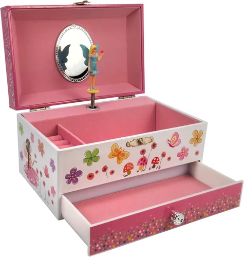 Vista 2 de Joyero musical con diseño de flores y mariposas con collar de hadas
