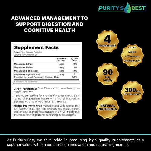 Vista 8 de Purity's Best 4 MAGNESIOMS, glicinato de magnesio premium, malato, L-treonato, citrato, 300 mg, 180 cápsulas vegetales, probado por terceros