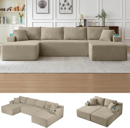 Vista 19 de Sofá grande sin hueso de 125 pulgadas con diván, moderno sofá modular con asiento profundo, sofá tapizado de pana en forma de U para sala de estar