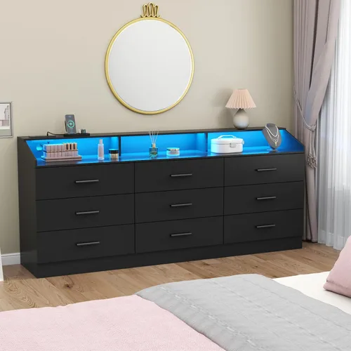Vista 19 de Gyfimoie Cómoda de 6 cajones con toma de corriente, cómoda con luz LED, cómoda moderna con cubículo de almacenamiento abierto, organizador de Negro