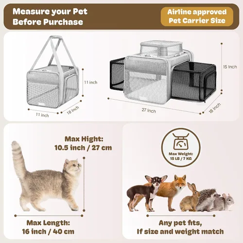 Vista 4 de Transportador de gatos extensible superior y de 2 lados de 17 x 11 x 11 pulgadas, aprobado por la aerolínea TSA, para perros medianos, transportador