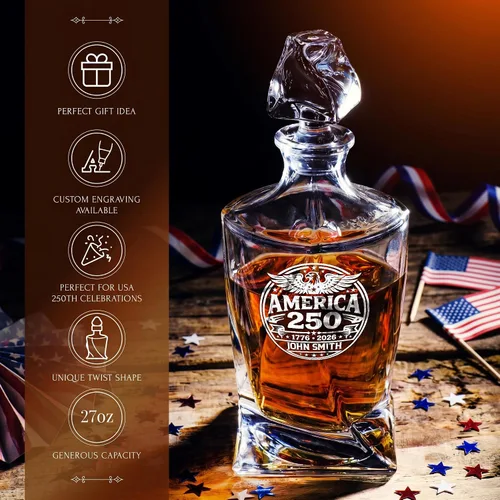 Vista 4 de Juego de decantador de whisky trenzado personalizado para el 250 aniversario, regalo de independencia de Estados Unidos 250 para hombres, nombre