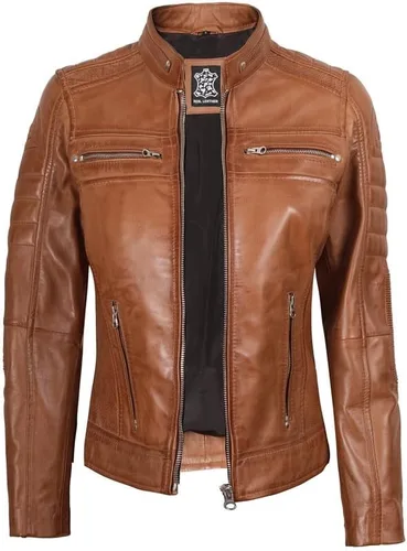 Vista 2 de Decrum Chaqueta de cuero para mujer - Chaquetas de cuero de cordero real con estilo casual para mujer