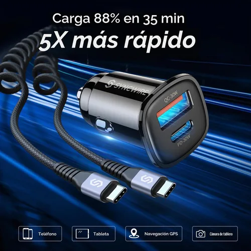 Vista 2 de Syncwire Cargador USB C para automóvil de 60 W [PD 30 W y QC 30 W] Adaptador USB de carga rápida con cable en espiral tipo C de 5FT compatible