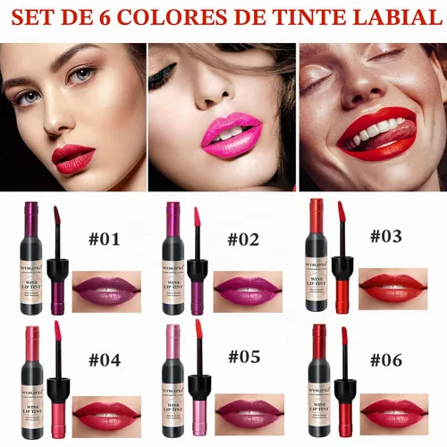 Vista 2 de Tinte labial de vino de 6 colores, lápiz labial de vino líquido, tinte de labios, mate de larga duración, juego de brillo labial impermeable