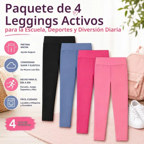 Vista 2 de BTween Paquete de 4 leggings para niñas, ejercicio, mallas deportivas con cintura ancha para niñas Basc1