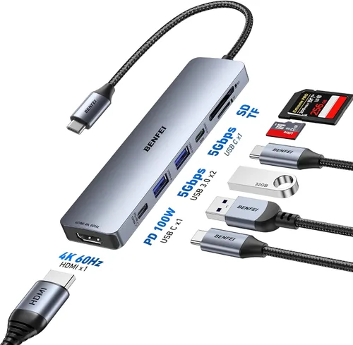 Vista 2 de BENFEI Concentrador USB C 7 en 1 con HDMI (4K@60Hz), 2 USB-A, 1 USB-C de datos, carga de 100W, lector de tarjetas SD/TF, cable sin enredos