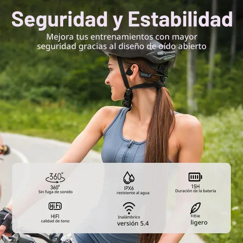 Vista 3 de Auriculares de conducción ósea, auriculares inalámbricos Bluetooth 5.4 de oreja abierta, con micrófono, tiempo de reproducción de 15 horas Negro