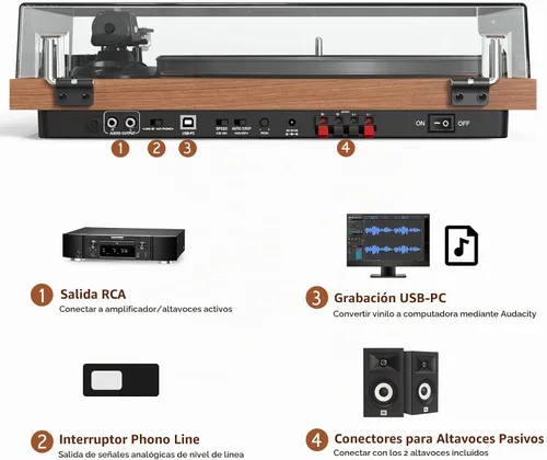 Vista 4 de Tocadiscos con altavoces de 40 W y entrada de salida Bluetooth para discos de vinilo, reproductor de discos de vinilo con preamplificador integrado