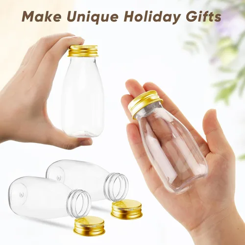 Vista 3 de Roshtia Paquete de 30 mini botellas de leche de plástico de 4 onzas (4.1 fl oz), botellas de jugo a granel con tapas, recipientes pequeños