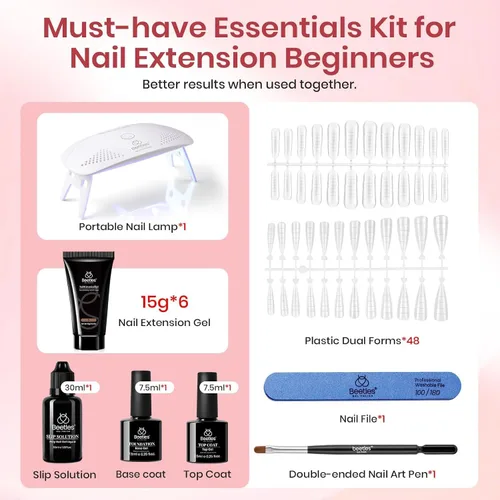 Vista 3 de Beetles - Kit de extensión de gel de uñas de polietileno, 6 colores de gelatina nude con solución deslizante, mejora de uñas para principiantes