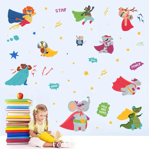 Vista 6 de Calcomanías de pared de súper animales, lindos animales, calcomanías de vinilo para pared, leones, elefantes, tiburones, perezosos, estrellas