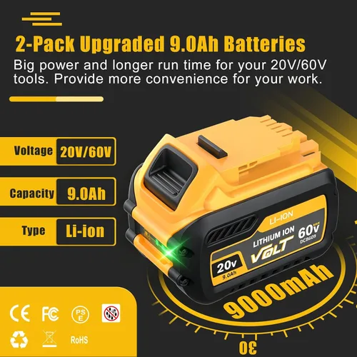 Vista 9 de Bonacell Paquete de 2 baterías de repuesto de 9.0Ah para Dewalt 20/60V Max Flexvolt compatible con Dewalt 20/60 voltios batería DCB112 DCB609 DCB606