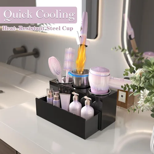 Vista 2 de Organizador de Herramientas para el Cabello, Organizador de Herramientas de Peinado de Cabello Caliente de Acrílico con 3 Compartimentos, Soporte