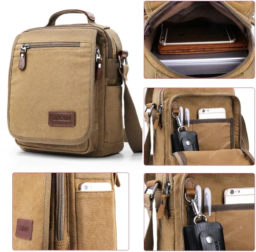 Vista 5 de XINCADA Bolsa de mensajero para hombre bolsa de hombro de lona bolsa de viaje bolsa cruzada para trabajo negocios Carbón negro