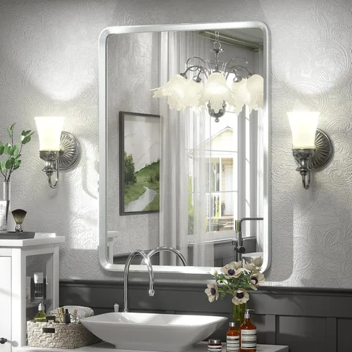 Vista 16 de Espejo rectangular con marco mate negro de 20x30 pulgadas para baño, espejo de tocador para pared de baño con esquinas redondeadas, antióxido y a