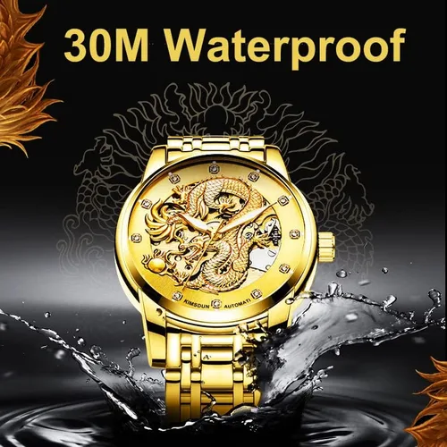 Vista 5 de Weicam Reloj de lujo mecánico de lujo con esqueleto automático automático de acero inoxidable Lumious reloj de dragón tallado con esfera de diamante