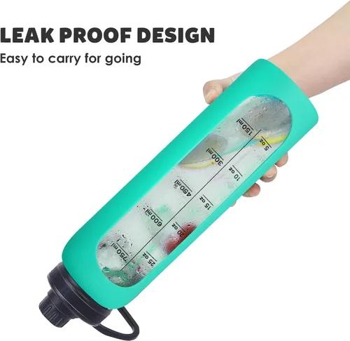 Vista 3 de Botellas de agua de vidrio de 32oz con funda de silicona, botellas de hidratación para beber, reutilizables, borosilicato, boca ancha, cantimplora