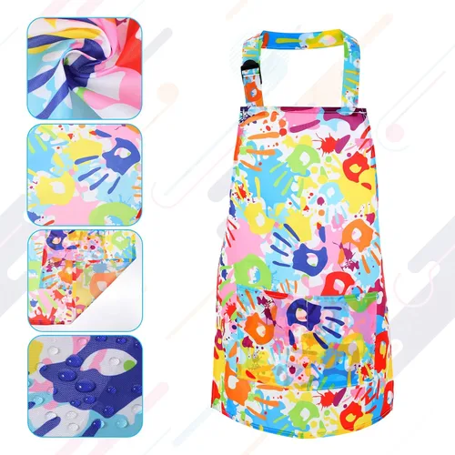 Vista 3 de Prasacco 2 piezas de delantales para niños con huellas de manos arcoíris, delantal de pintura para niños, delantal de arte ajustable para niños